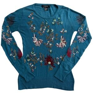 Arden B Silk Cashmere Floral Beaded Sequin Sweater Women Medium Teal Blue Good